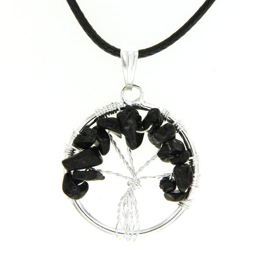 Black Tourmaline Circle “Tree of Life" Pendant